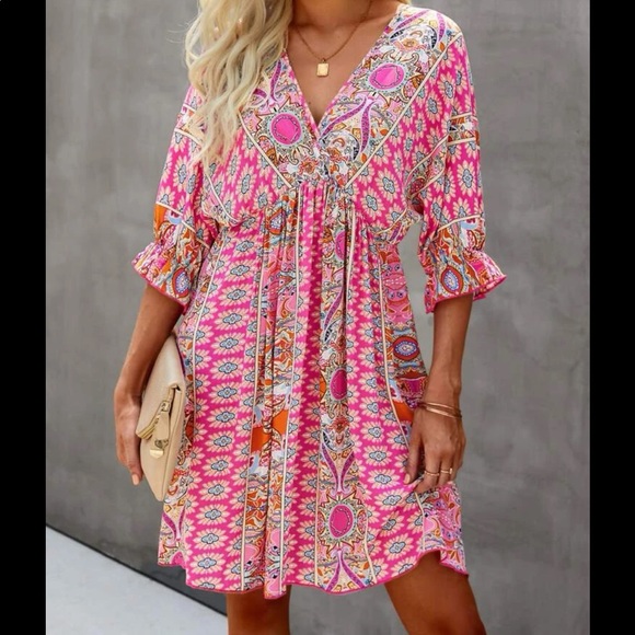 Boho Green Floral Print Ruffle Sleeve Mini Dress Cottagecore - Picture 4 of 8